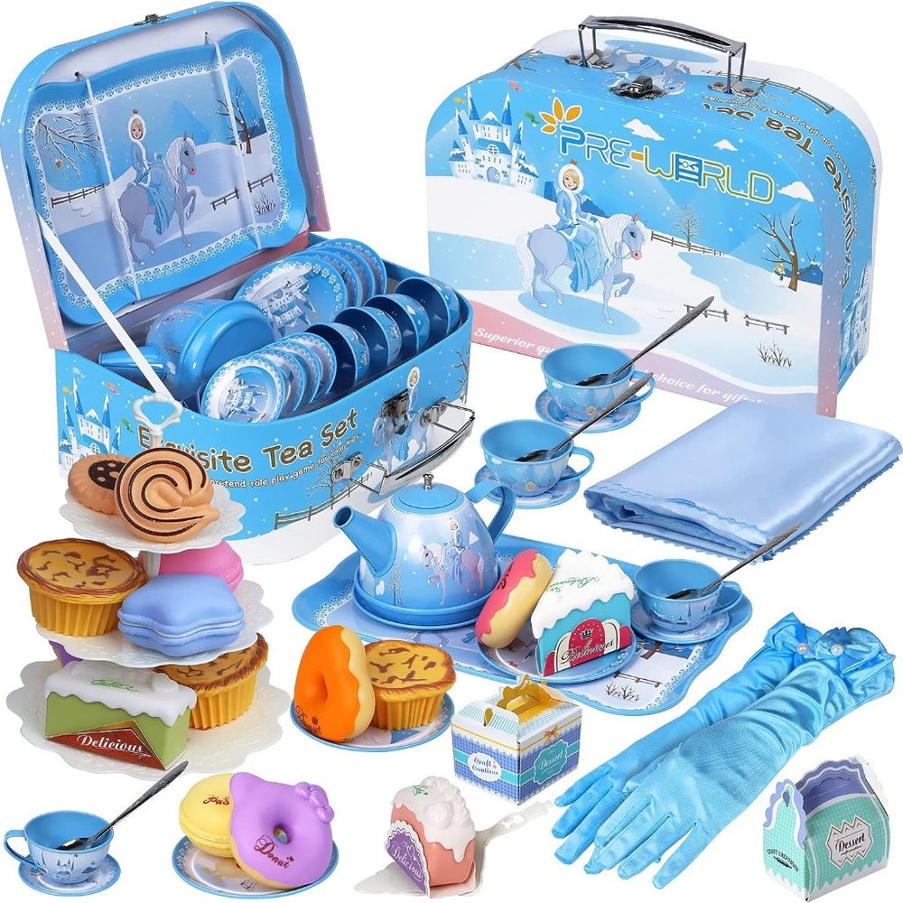 Tea Party Set for Little Girls, 46Pcs Princess Tea Time Toy Including Dessert